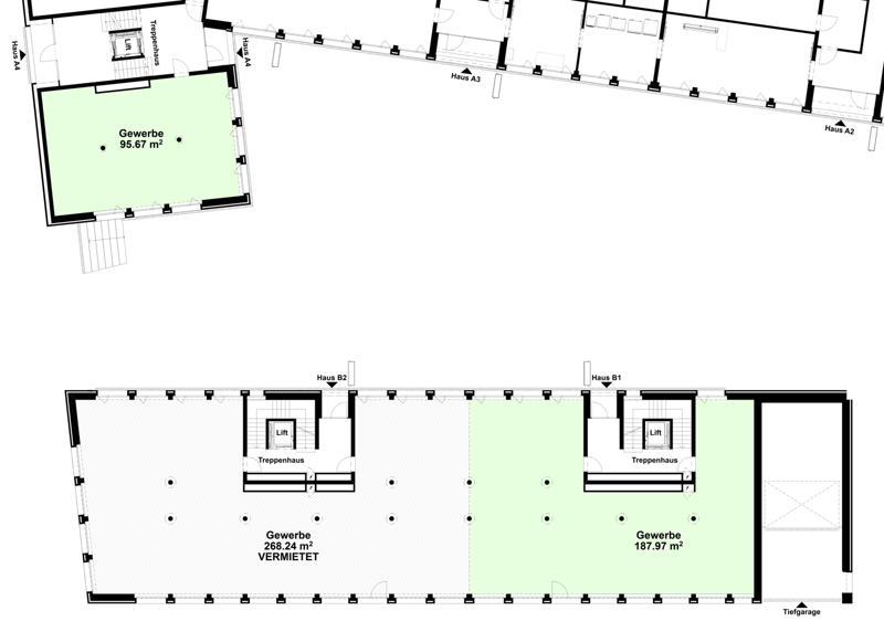 Main floor plan with two buildings labeled Haus A2 and Haus A3. Haus A3 includes a spacious area marked Gewerbe with a size of 95.67 square meters and Treppenhaus. Lower floor plan shows Haus B2 and Haus B1. Haus B2 has an area marked Gewerbe Vermietet of