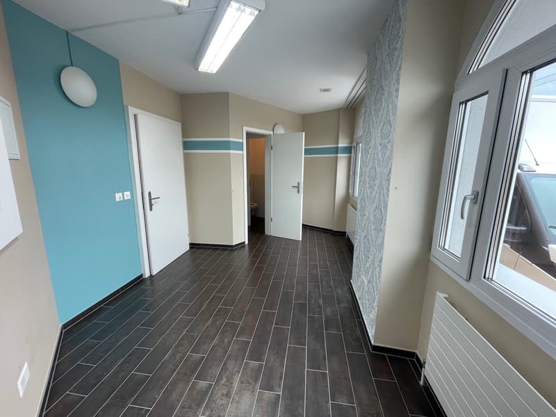 corridor with wooden tiles, blue wall, 2 doors, hallway with light