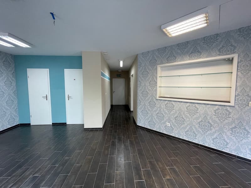 dark wood floors, blue and white walls, large windows, open layout, two doors