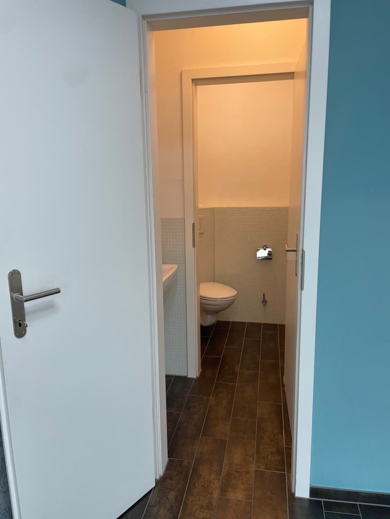 small bathroom with wooden floors, white door, white toilet, white sink, blue walls