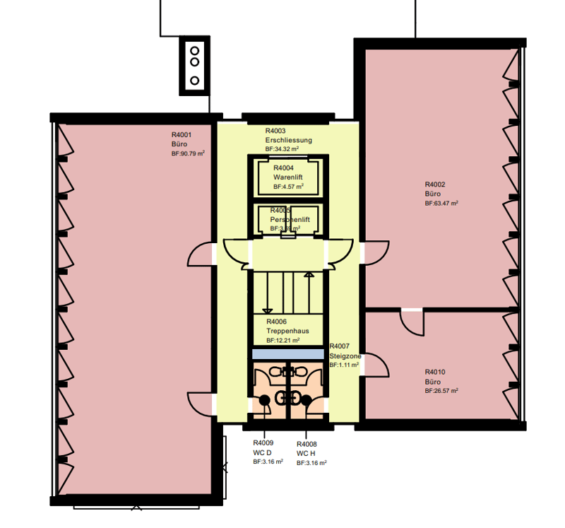 The floor plan shows a layout with several rooms, including a Büro (office), Erschließung (access/circulation), Warenlift (goods lift), Treppenhaus (staircase), Büro (office), and WC (toilet). The room sizes are also provided in square meters.