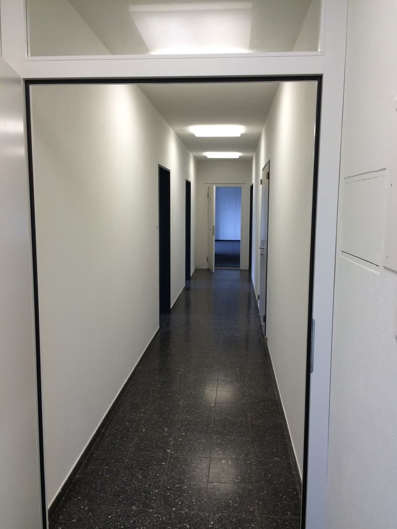 Long, well-lit hallway with white walls and a black-framed glass window at the end. The floor is made of dark terrazzo tiles.