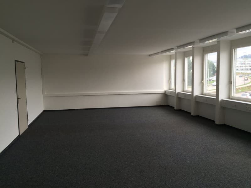 Large open office space with white walls, gray carpeted floor, and multiple windows providing natural light. The room appears to be empty and ready for use.