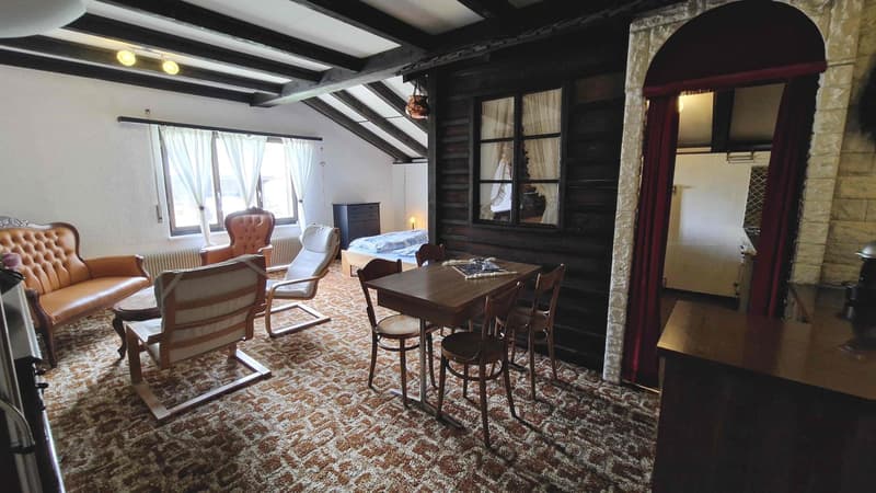 small room with a dining table and chairs, couch, a single bed, a wardrobe, windows, a fireplace, and a radiator