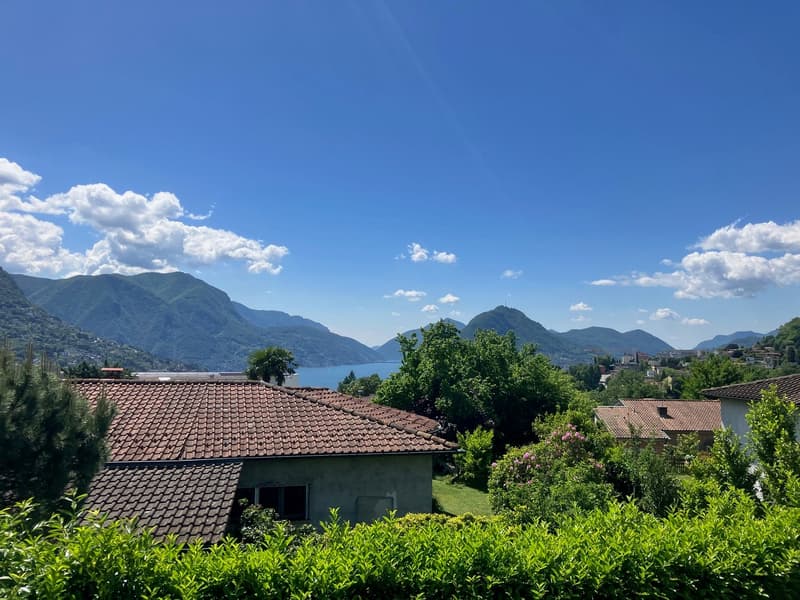 View of a house with a terracotta roof surrounded by trees and plants with a view of mountains and a lake in the background