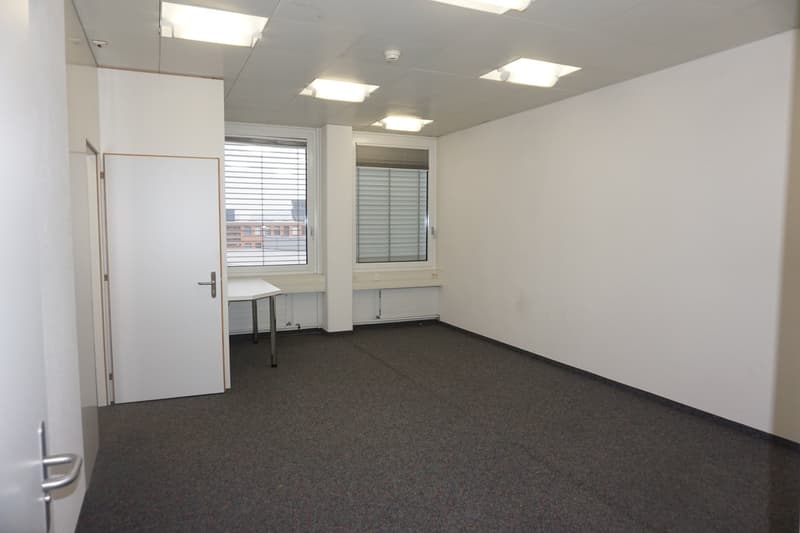 Empty room with white walls, grey floor, two windows with blinds, white door, a desk, and built-in window sills.