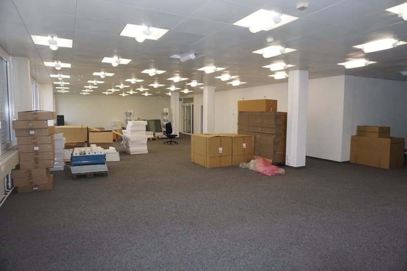 empty warehouse space, multiple stacks of cardboard boxes, ceiling lights
