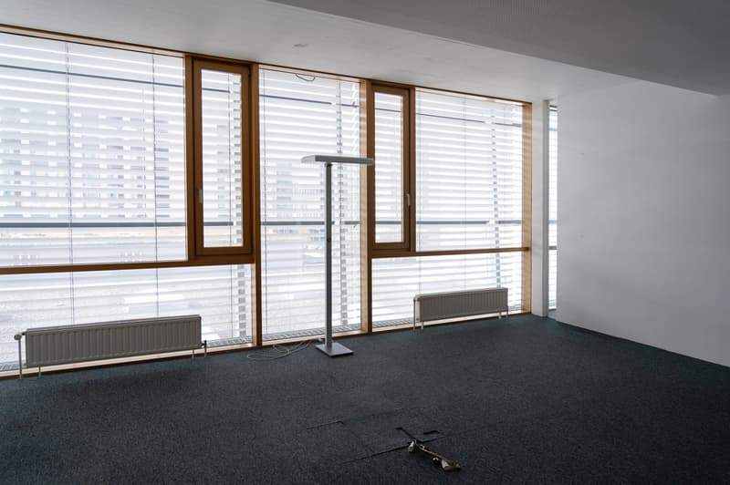 Large windows with blinds, wooden window frames, gray carpeted floor, radiators, and a standing lamp in the corner.