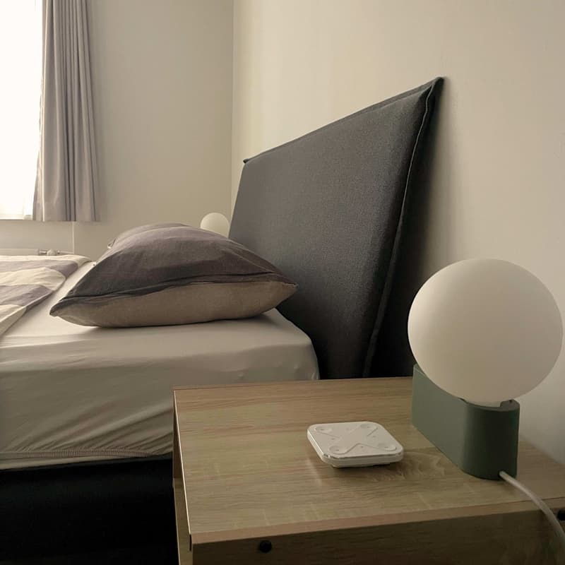 bed with pillows, lamp, remote control, night table
