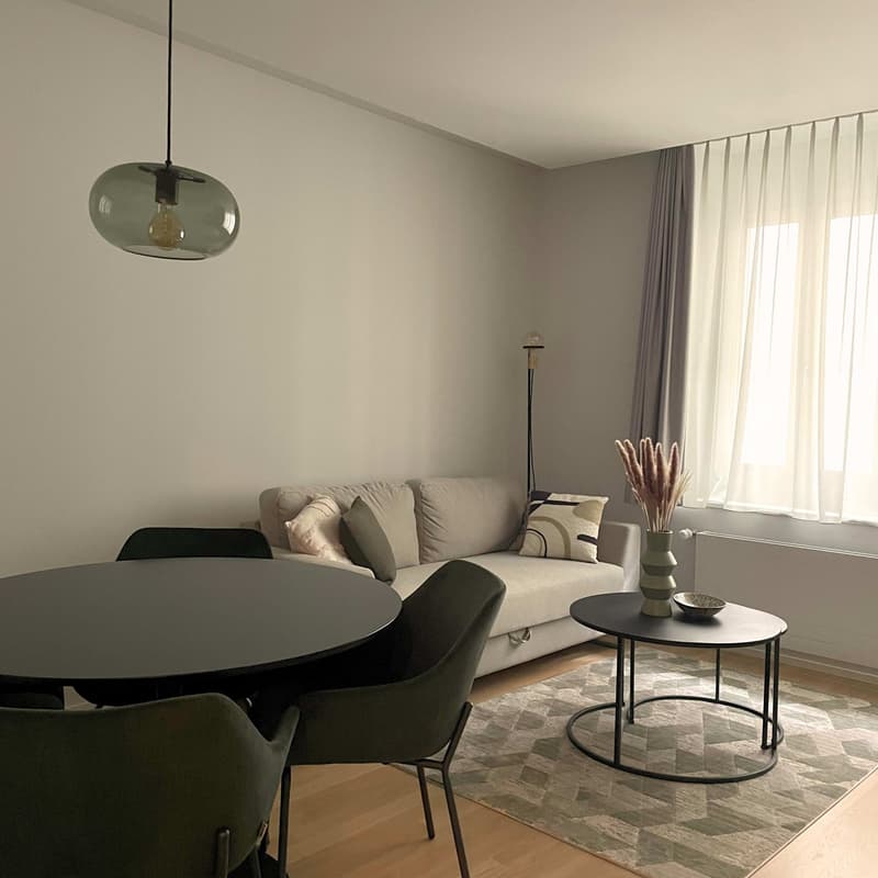 A round table and chairs, a white sofa with decorative pillows, a round metal side table, a floor lamp, a vase, a round glass pendant light.