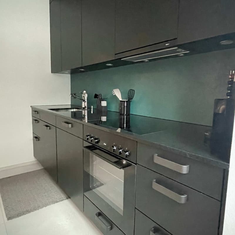 Modern style kitchen with matte black cabinets, countertop, integrated stove, oven, and sink with faucet. Kitchen floor is tiled.