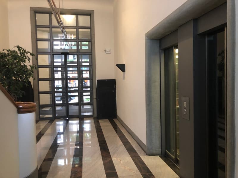 The image shows the lobby or entrance area of a building. The space features a large glass window wall, a marble floor with a shiny, reflective surface, and a potted plant. There is also an elevator visible in the background.