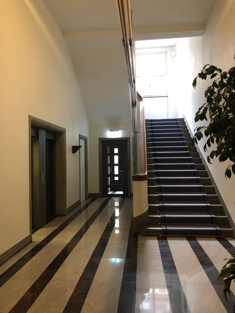 The image shows a spacious hallway with a staircase leading up. The floor is made of tiles with a black and white pattern, creating a sleek and modern look. The walls are painted in a light, neutral color, and there is a potted plant visible in the corner
