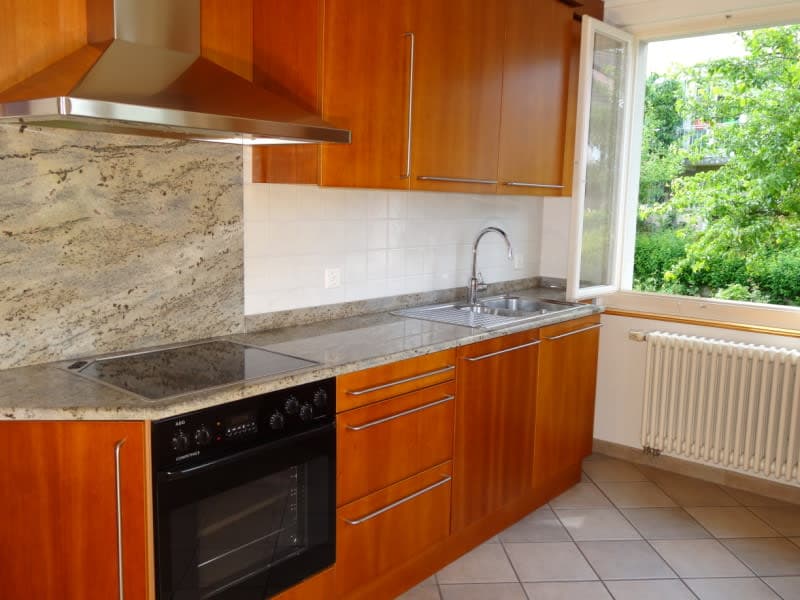 Wooden cabinets, granite countertop, stainless steel range hood, electric oven, gas stove, sink, radiator