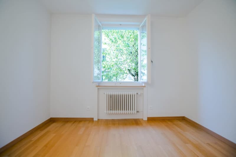 an empty room with white walls, wooden floor, and an open window with a view of a tree