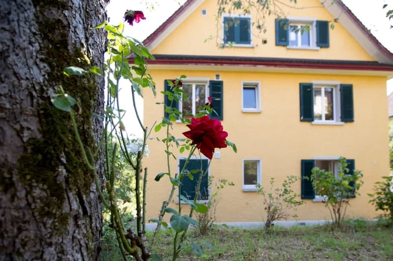 2 story yellow house, red roof, window shutters, garden with flowers