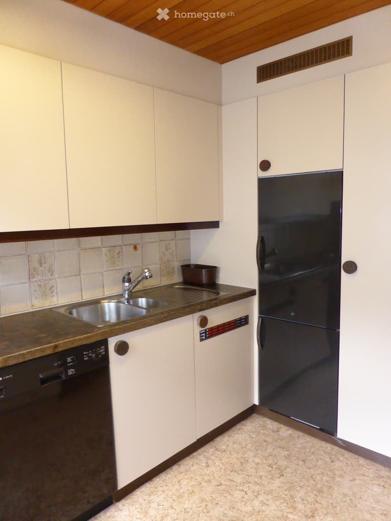 The image shows a kitchen with white cabinets, a stainless steel sink, a dishwasher, and a black refrigerator. The countertop appears to be made of a light-colored material, possibly granite or laminate. The walls are painted a light color, and the ceilin