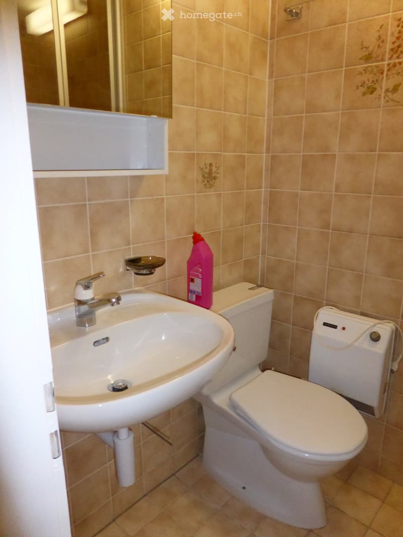 Bathroom with beige tile walls, a sink, a toilet, and a washing machine.