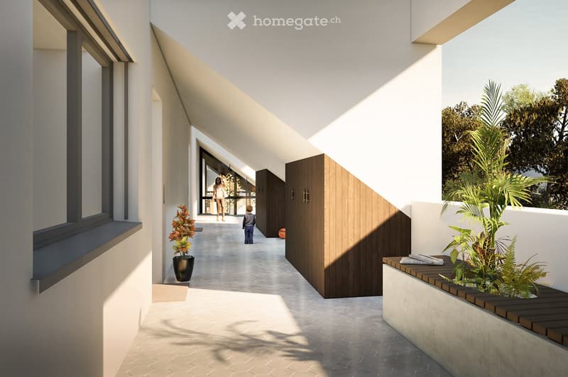 A hallway with a balcony, a potted plant, and a wooden storage unit.