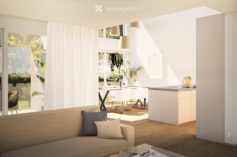 Open plan living and dining area with large windows, wooden floor, modern furniture, kitchen island, plants