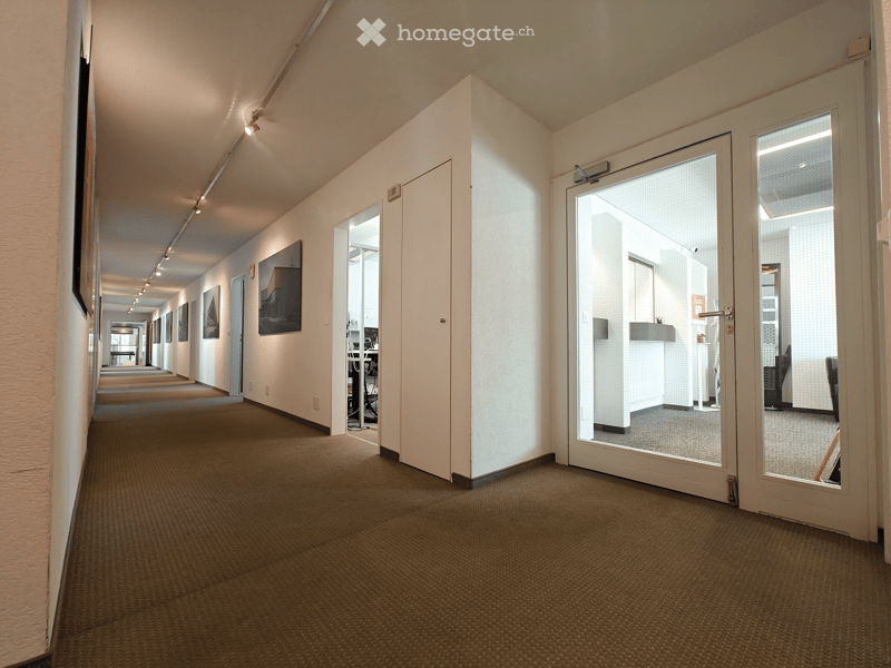 The image shows a long hallway with white walls, track lighting, and a carpeted floor. There are several doors along the hallway, some of which have glass panels. The hallway appears to be part of an office or commercial space, with a professional and min