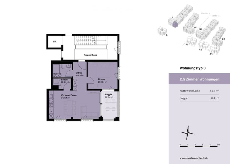 Floor plan of a 2.5-room apartment with a living/dining area, bedroom, bathroom, entrance, and loggia. Includes a staircase and elevator access.