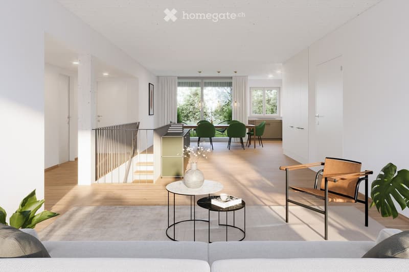 Spacious open-plan living area with hardwood floors, large windows overlooking a balcony or terrace, modern furniture including a sofa, armchair, and dining table with chairs, decorative accents like plants and a vase, and a staircase leading to an upper