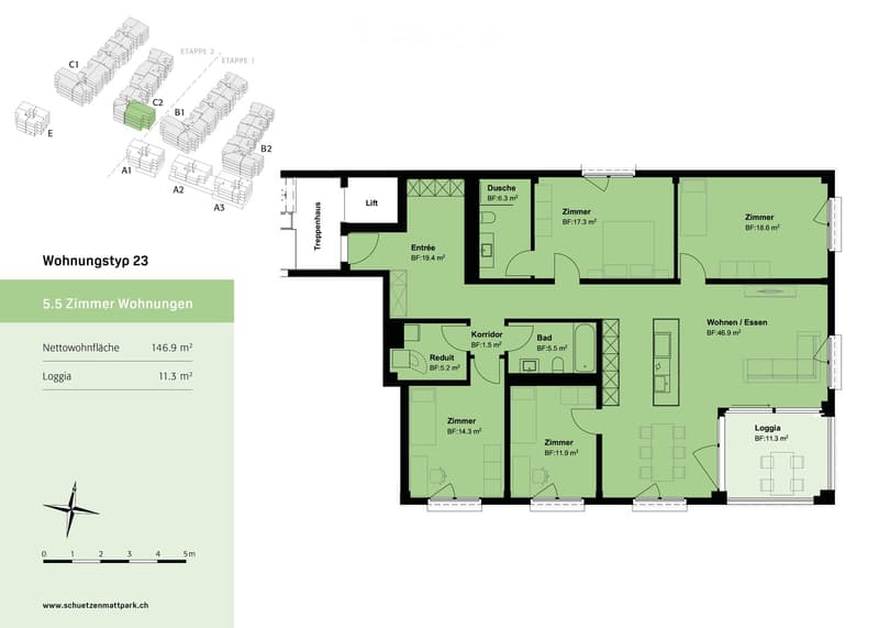 Floor plan of a 5.5-room apartment with 146.9 m² net living area, including living/dining area, bedrooms, bathroom, shower, hallway, and loggia.