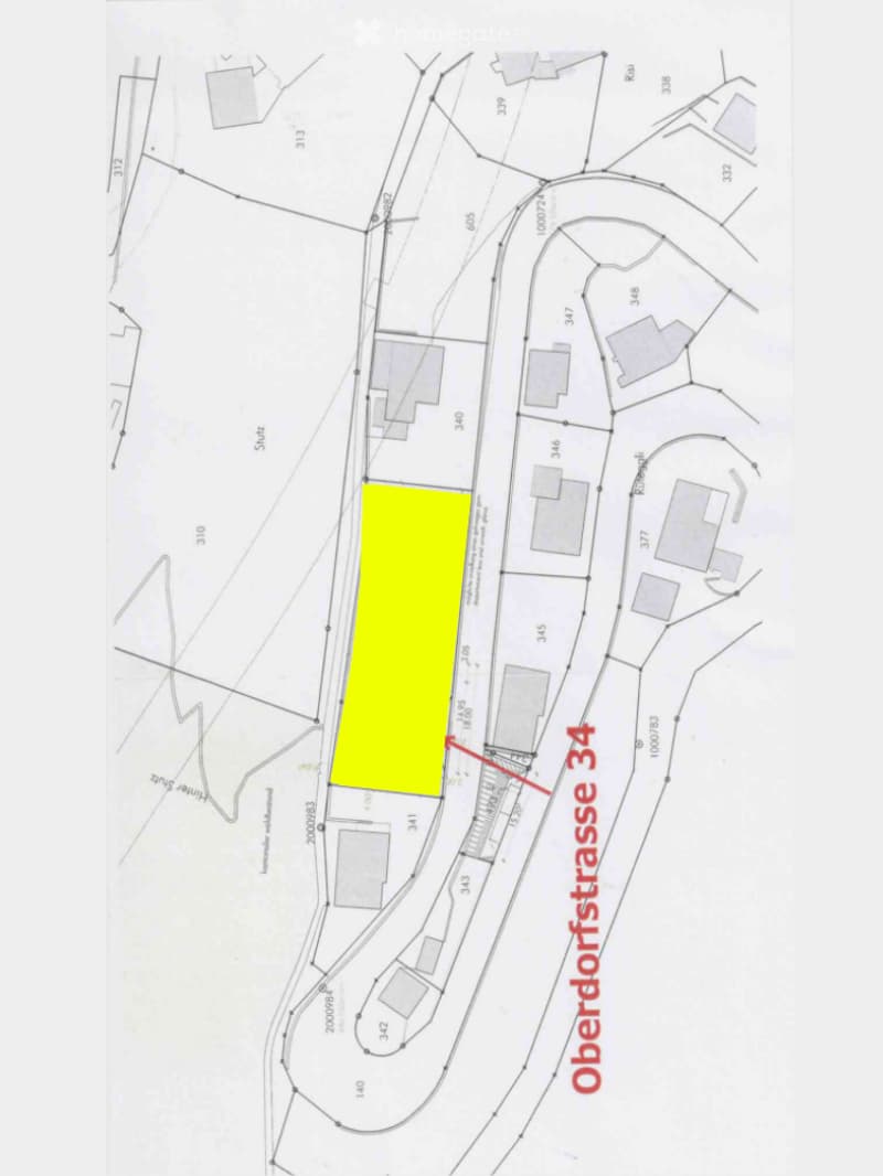 The image shows a floor plan or site plan with a highlighted rectangular plot of land labeled 'Oberdorfstrasse 34'.