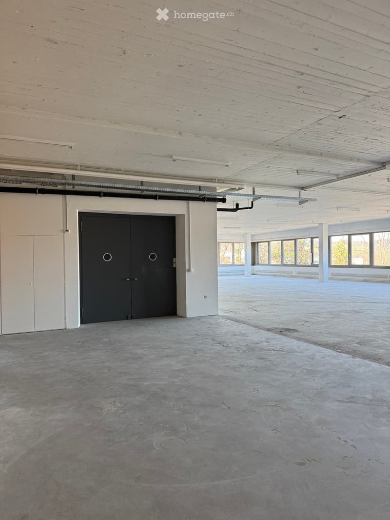 empty, concrete floor, steel beams, white walls, double door