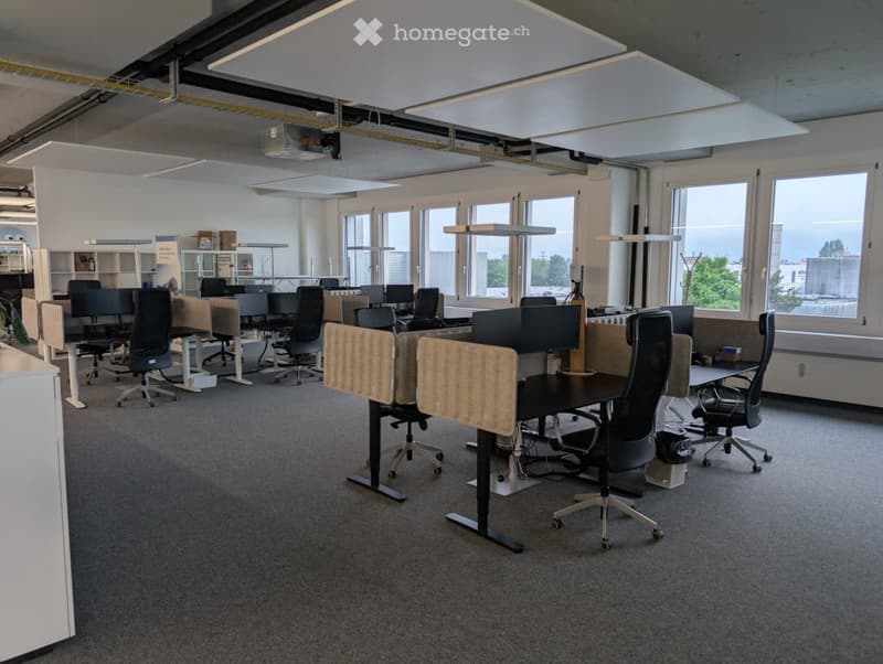 Large open office space with multiple workstations, desks, and chairs. The room has large windows providing natural light and a view of the outdoors. The ceiling features suspended lighting panels. The floor is covered in gray carpeting.