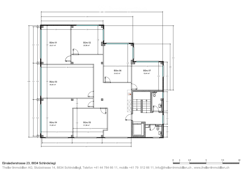 The image shows a floor plan with 7 office rooms labeled Büro 01 through Büro 07. The rooms range in size from 19.44 m² to 26.51 m². The floor plan also includes a staircase and an elevator.