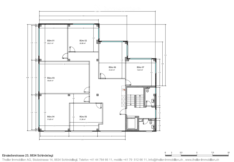 The image shows a floor plan with 7 office rooms labeled Büro 01 through Büro 07. The rooms range in size from 19.44 m² to 26.51 m². The floor plan also includes a staircase and an elevator.
