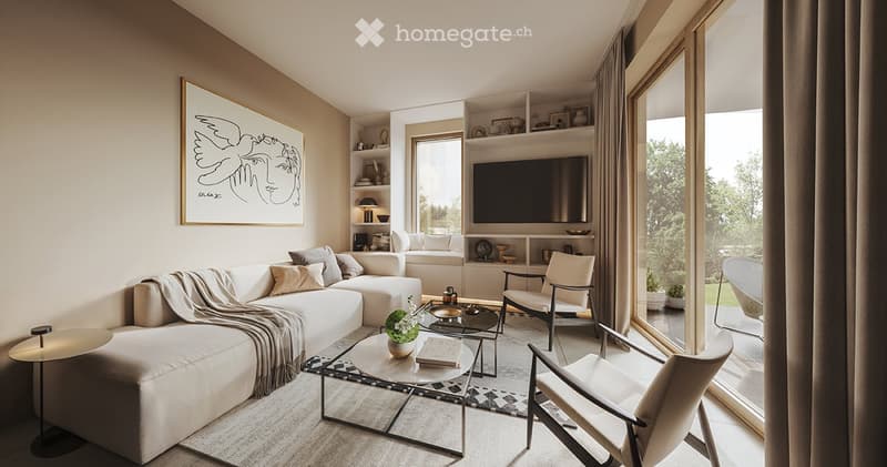 Spacious living room with large windows overlooking a scenic outdoor view, modern furniture including a sectional sofa, armchair, and coffee table, built-in shelving and TV unit, and a framed abstract artwork on the wall.