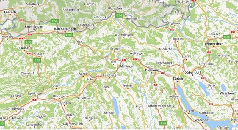 This is a map showing the geographic area around Zurich, Switzerland. The map includes various towns, cities, and natural features such as rivers and mountains. The map appears to be a detailed topographic map with roads, highways, and other transportatio
