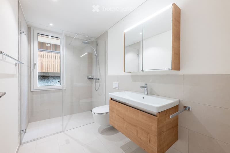 modern bathroom with a glass shower, white toilet, white sink, and wooden cabinet