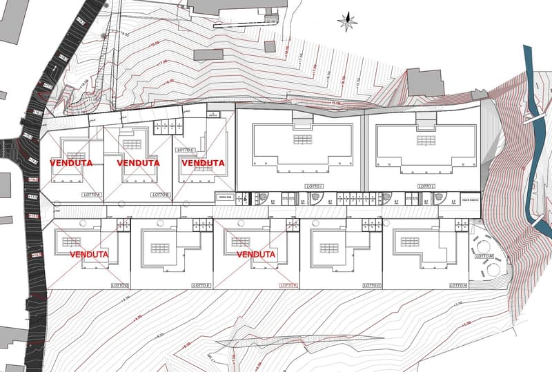 The floor plan includes 11 lots, labeled from LOTTO A to LOTTO K, with some marked as VENDUTA (Sold). Each lot has dimensions indicated in meters, such as LOTTO A at +16.00 meters and LOTTO K at +15.00 meters. There are red dashed lines that may represent