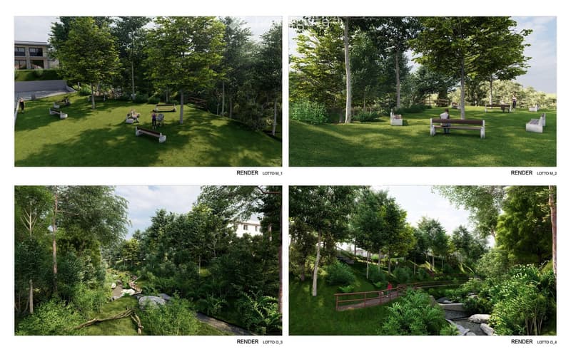 The image shows a lush, green outdoor space with a park-like setting. There are various seating areas, benches, and pathways throughout the landscaped area. The space is surrounded by tall trees and vegetation, creating a serene and peaceful atmosphere. T