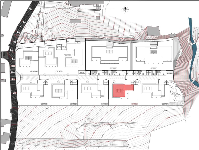 The image shows a floor plan with multiple units. There are 5 units labeled L01 to L05. Each unit appears to have a living room, kitchen, bathroom, and bedroom. There is also a parking area visible in the bottom portion of the plan.