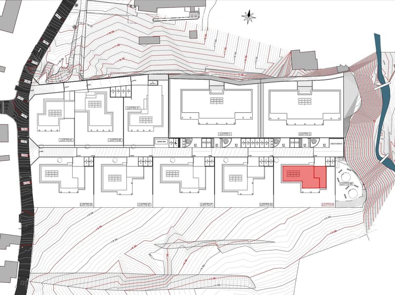 The image shows a detailed floor plan with multiple units or rooms. The plan includes several rooms labeled as 'Lotto A', 'Lotto B', 'Lotto C', 'Lotto D', 'Lotto E', 'Lotto F', and 'Lotto G'. The plan also includes contour lines indicating the terrain or