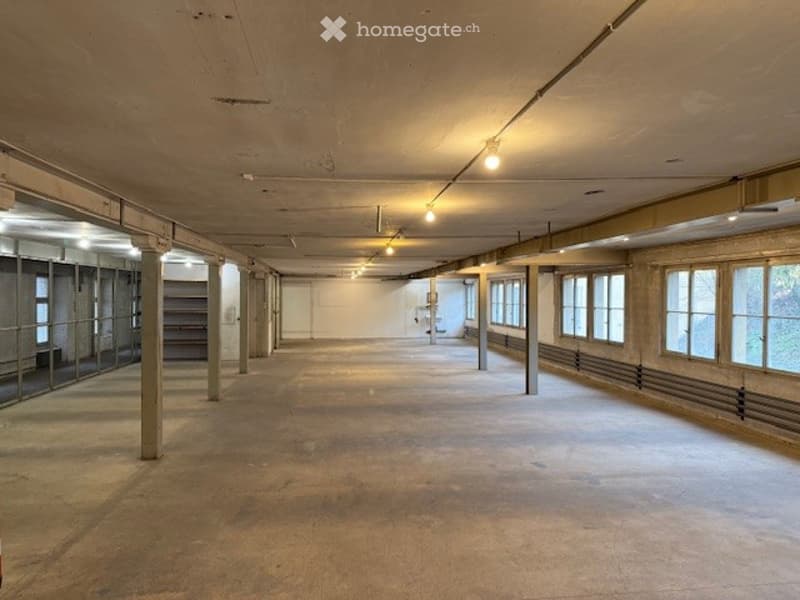 Open, large space, concrete floor, metal columns, overhead lights, glass windows, metal grills on windows