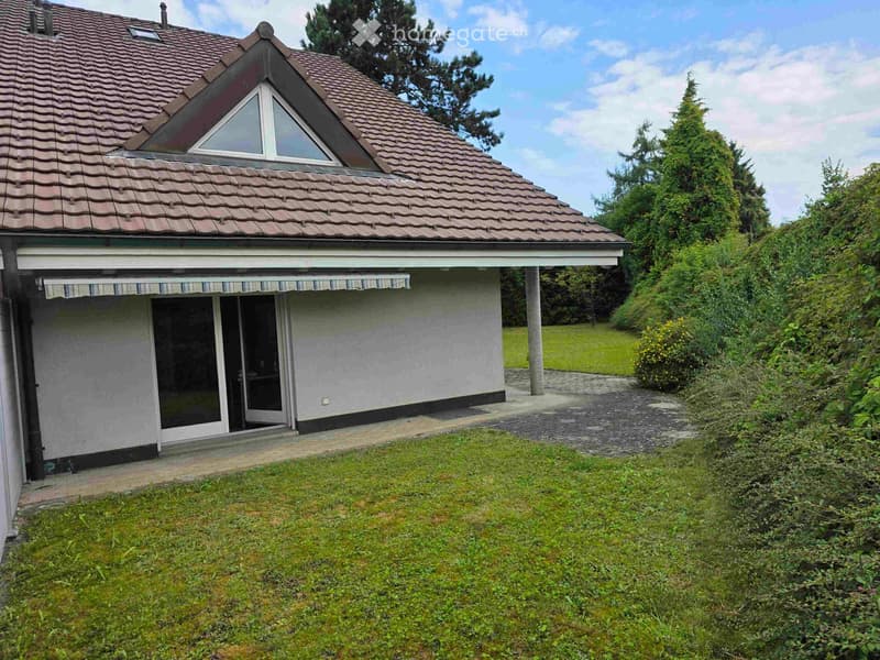 2 story house with a tiled roof, large windows, covered patio, grassy yard, and surrounded by trees