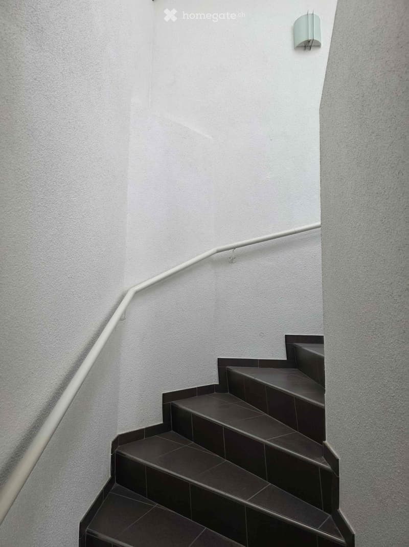 The image shows a set of stairs with dark tiles leading up to a white wall. The stairs have a clean, minimalist design with a simple handrail along the wall.