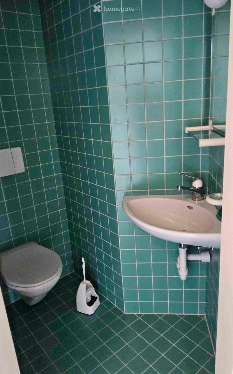 Small bathroom with green tiled walls, a white sink, and a toilet.
