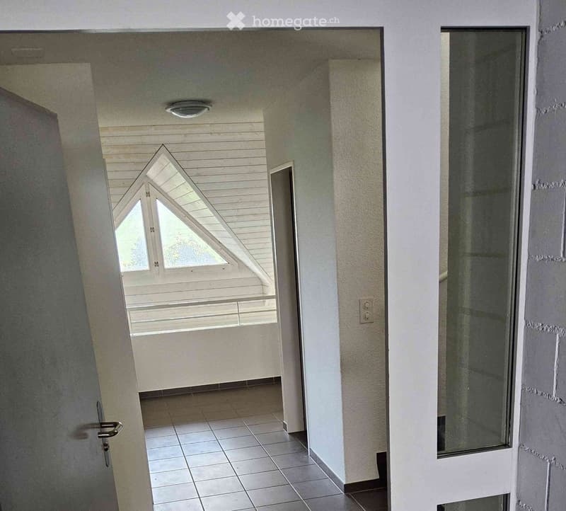 The image shows the interior of a room with a triangular window, white walls, and tile flooring. There appears to be a balcony or terrace visible through the window.