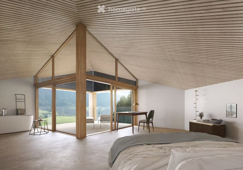Spacious bedroom with high vaulted ceiling, large windows offering a scenic mountain view, wooden beams, and a desk area with a chair
