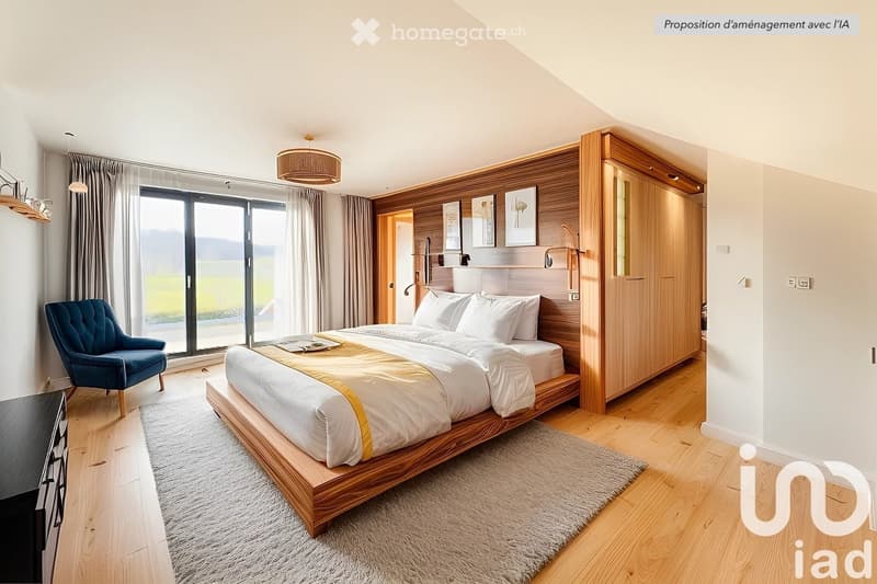Spacious bedroom with large windows, wooden paneled walls and built-in wardrobe, hardwood flooring, plush area rug, and a comfortable armchair.