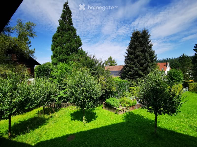 The image shows a lush, green garden with various trees, shrubs, and a well-manicured lawn. There are several buildings visible in the background, suggesting this is a residential area. The sky is blue with some clouds, creating a pleasant and serene atmo
