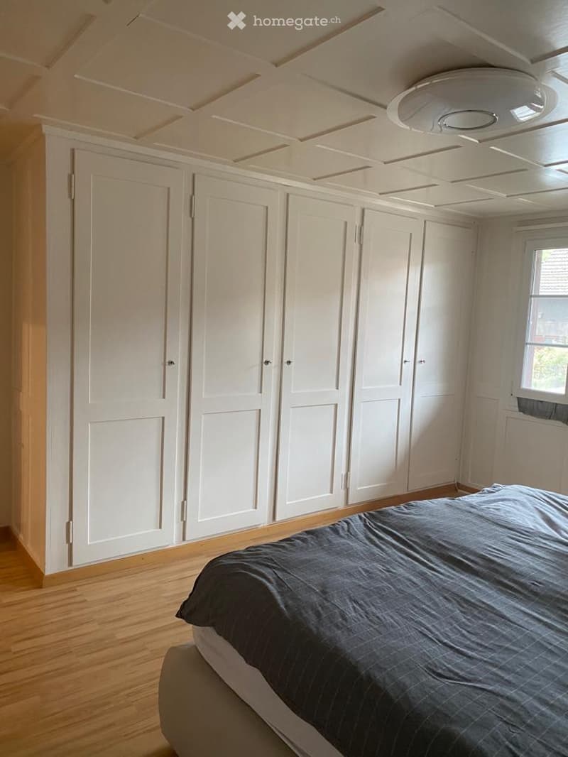 Room with wooden floor, white walls, a large built-in wardrobe, a ceiling with a ceiling lamp, and a small window