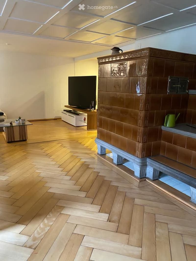 Wooden parquet floor, white walls, TV, entertainment center, fireplace, couch, coffee table, vase, and plant